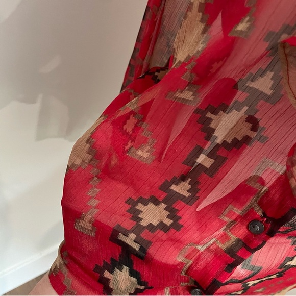 Lauren Ralph Lauren Red Aztec Southwestern Ruffle Button Up Sheer Blouse Size M - Picture 5 of 9